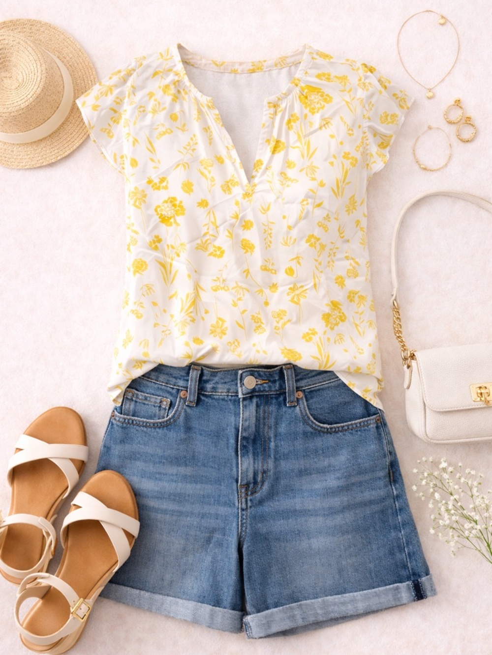 Ann Taylor White Blouse with Yellow Floral Print